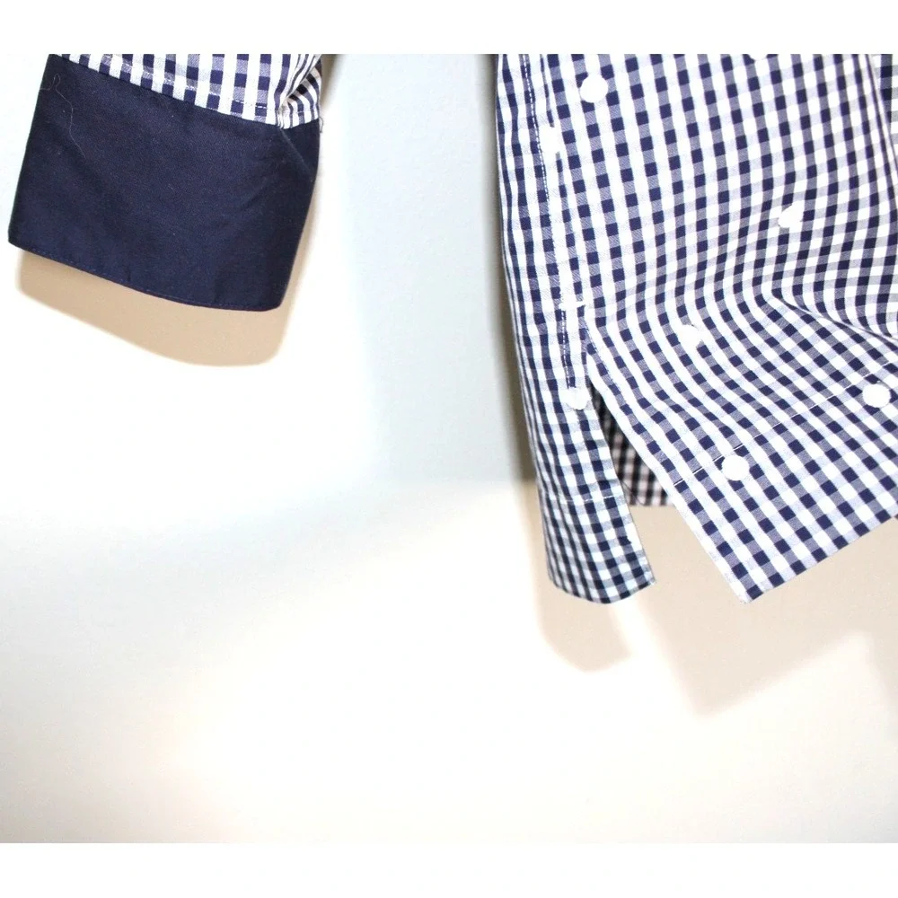 Coldwater Creek Gingham Check Plaid Polka Dot Navy Blue White Tunic Shirt Top PS - Picture 5 of 12